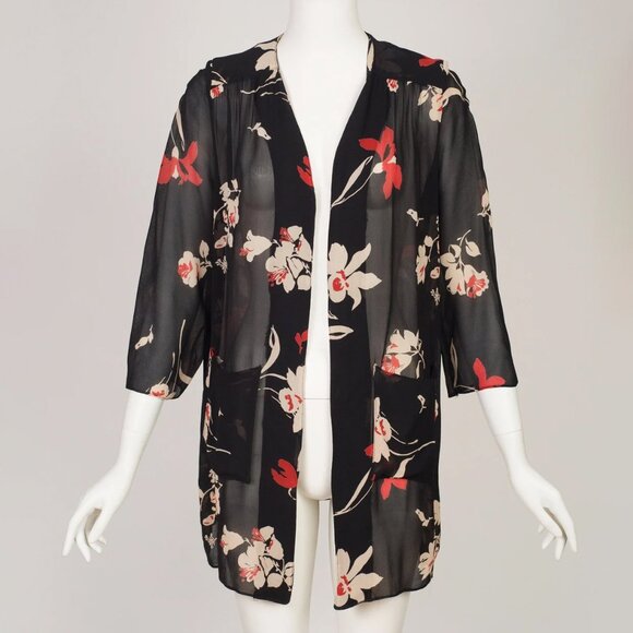 1970s-does-1930s Kim London British Boutique Floral Black Rayon Chiffon Jacket - Picture 1 of 7